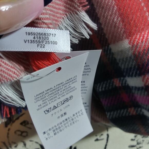 Lands' End Women's Coral Pink Plaid Scarf Soft Fringe - Picture 7 of 8